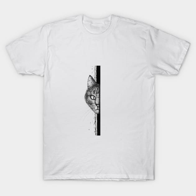 Black and White illustration of hidden cat T-Shirt by Kseniyart